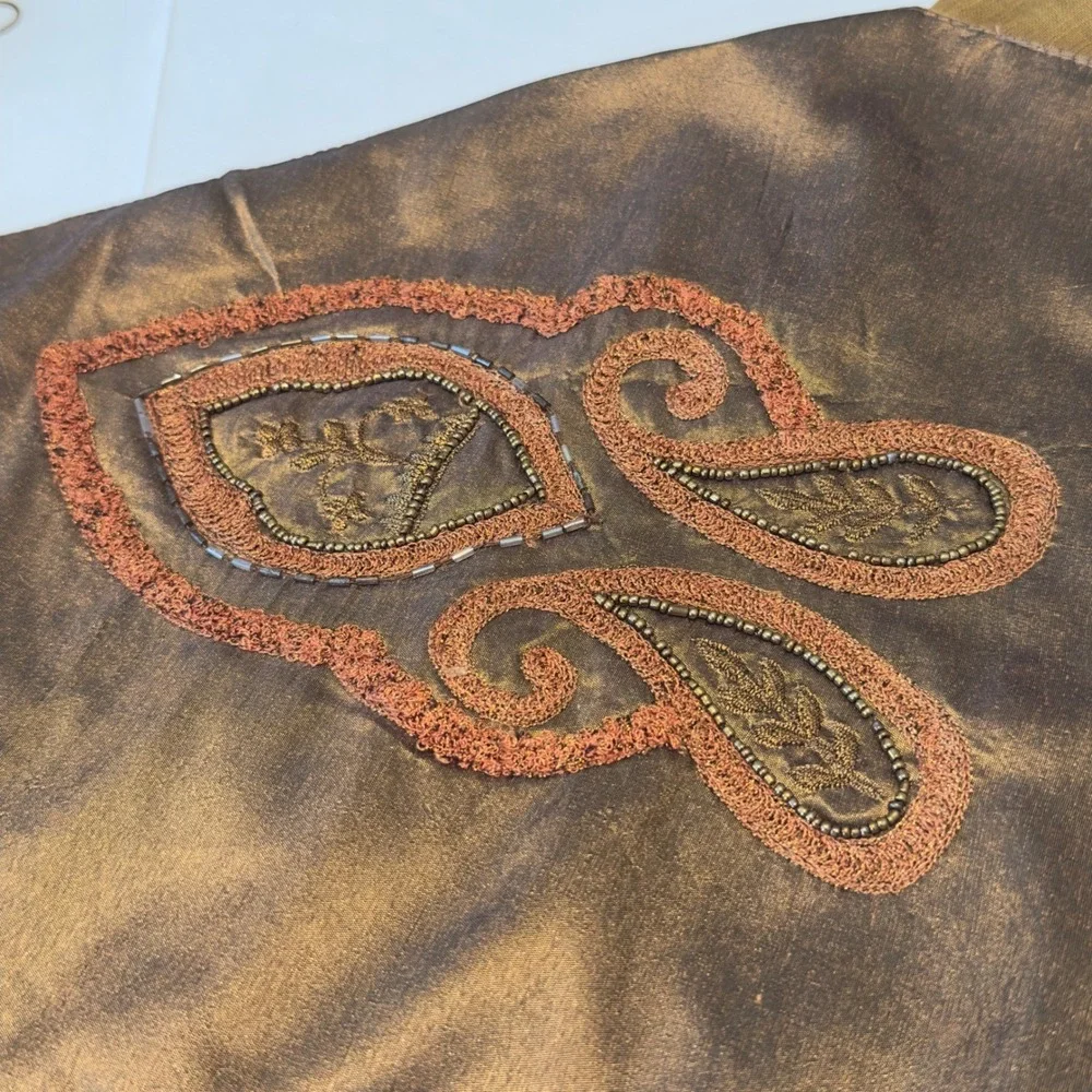 Bronze Beaded Embroidered Table Runner Paisley Copper Tassels India 72x12.5